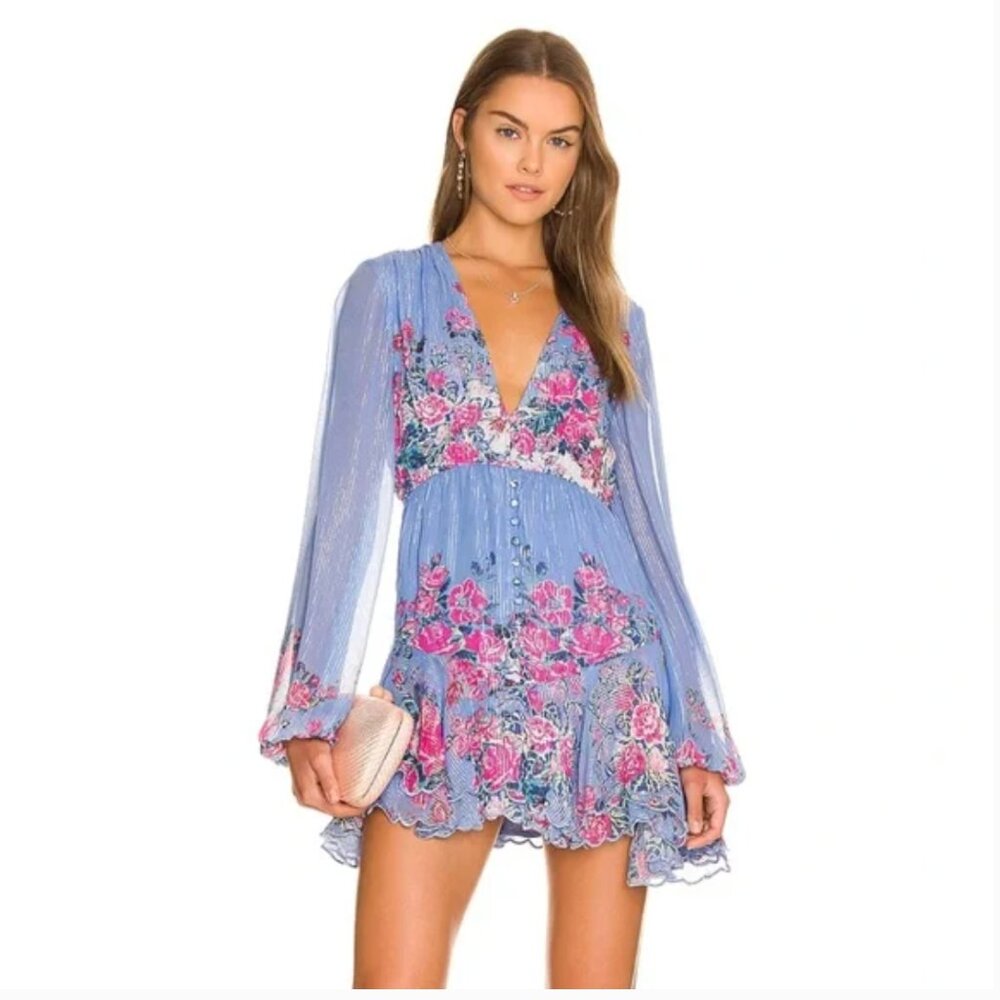 Hemant & Nandita Milia Mini Dress Blue Floral Metallic Boho Long Sleeve Medium
